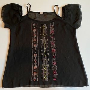 Black Cold Shoulder Top with Tribal Print